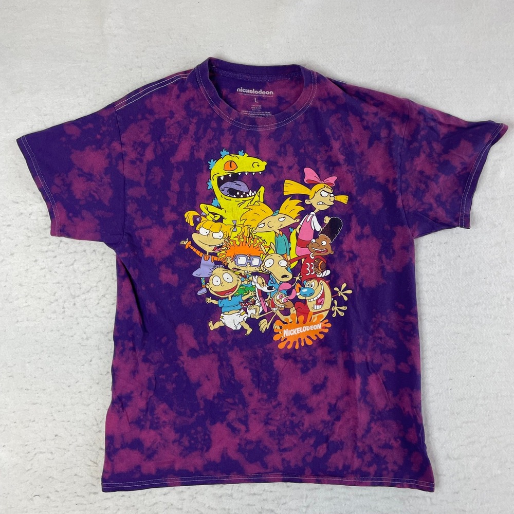 Nickelodeon T-Shirt Mens Large Purple Tie Dye 90s Cartoon Graphic Print Crew